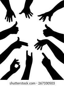 Black silhouettes of different positions of hands, vector
