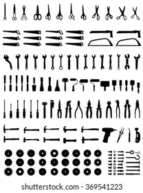 Black silhouettes of different tools on a white background, vector