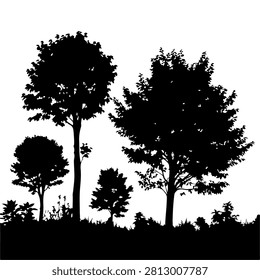 Black silhouettes of different tree species against a plain background, showcasing diverse shapes and sizes in a natural setting.