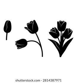 Black silhouettes of different tulip flowers showcasing their unique shapes and structures on a plain white background.