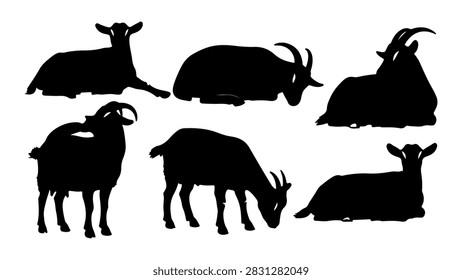 Black silhouettes of different wild animals including deer, boar, goat, and antelope in a group, isolated on white background.