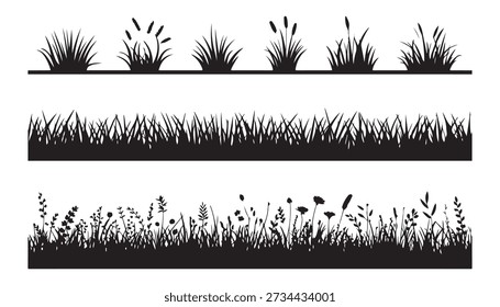 Black silhouettes of diverse grass and meadow flora set isolated on white background for various designs