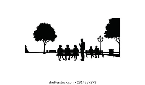 Black silhouettes of diverse group of people sitting and standing on benches talking in city park with lantern and tall trees.
