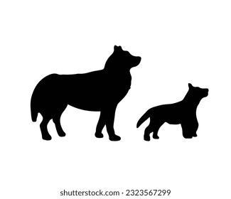 Black silhouettes dog and puppy husky breed. Vector illustration about domestic pet. Mammal animal for hunting. Mother and baby dogs