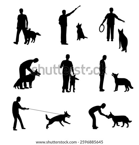 Black silhouettes of dog training activities featuring a trainer and German Shepherd. Training activities of man with his dog. Flat vector illustrations set isolated on transparent background.