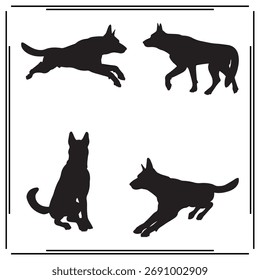 Siluetas negras de perros en diferentes poses: figuras de perros corriendo, sentados y caminando, arte animal minimalista