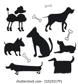 Black silhouettes of dogs on a white background. Set of vector illustrations EPS