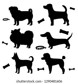 Black silhouettes of dogs. Spitz, bullog, dachshund, toy terrier, poodle, chihuahua, jack russell terrier.