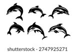 Black silhouettes of dolphins isolated on a white background. Set of vector stencils of dolphin marine animals and ocean wildlife shapes. Hand-drawn illustration, not AI.
