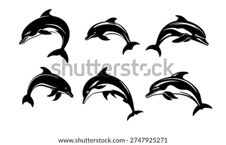 Black silhouettes of dolphins isolated on a white background. Set of vector stencils of dolphin marine animals and ocean wildlife shapes. Hand-drawn illustration, not AI.