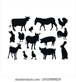 Black silhouettes of domestic farm animal, cow, chicken, rabbit, horse, flat vector image