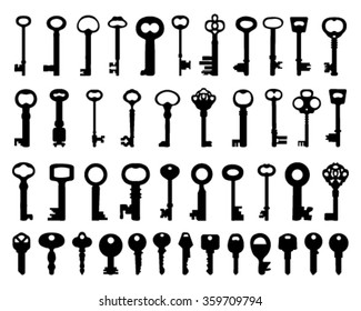 Black silhouettes of door keys on white background, vector illustration