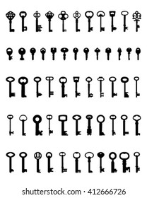 Black silhouettes of door keys on white background, vector 