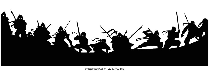 Siluetas negras con una docena de ninjas sentadas en poses épicas en el techo con armas listas, están con trajes con espadas y brazaletes largos balanceándose en el viento 2d art