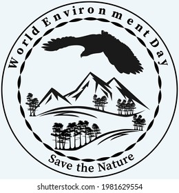 Black silhouettes of an eagle, trees and mountains. Text - World Environment Day, Save the Nature