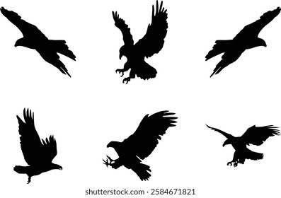 black silhouettes of eagles in flight, multiple eagle poses, birds of prey, majestic raptors, dynamic aerial poses, spread wings, hunting postures, falcon-like shapes, stark contrast, white background