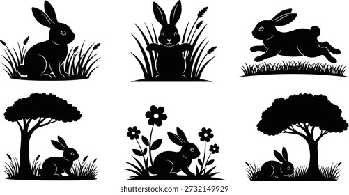 Schwarze Silhouetten von Osterhasen und Pflanzen auf weißem Hintergrund für Ostersonntagsdekorationen und Grußkarten