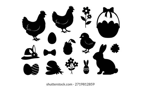 Siluetas negras de iconos de Pascua que incluyen pollos, huevos, conejitos, flores y decoraciones sobre un fondo blanco puro