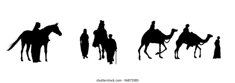 black silhouettes of egyptian people whit camels and horse on the white background