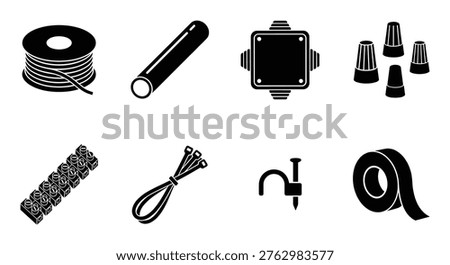 Black silhouettes of electrical installation tools. Icons of wire reel conduit junction box and connectors set.
