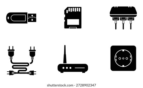 Siluetas negras de dispositivos electrónicos y accesorios de computadora. Conjunto de Ilustración vectorial de hardware de tecnología para App de Web.