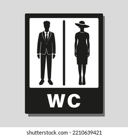 Black silhouettes of an elegant man in a tuxedo with a tie and a woman in a dress and hat with a toilet sign necklace