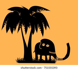  Black silhouettes of elephant and palm tree. Cartoon vector illustration. 