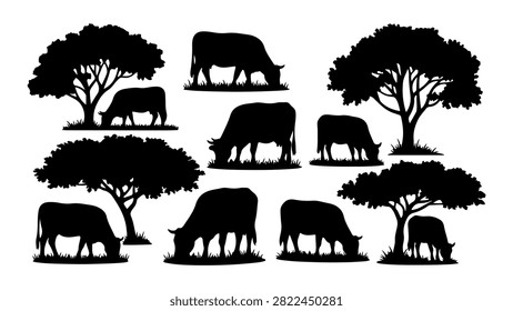 Black silhouettes of elephants and trees creating a natural landscape scene with wildlife and flora elements.