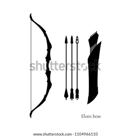 Black silhouettes of elven bow with arrows on white background. Icon of hunters weapon. Fantasy archery equipment. Vector illustration
