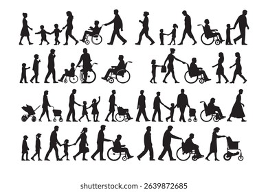 Black Silhouettes of Families Adults Children Wheelchairs Strollers Walking