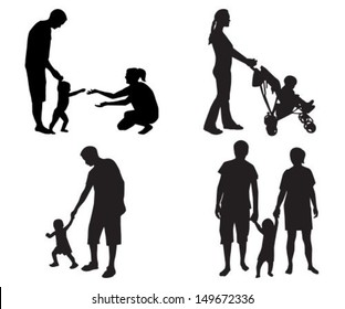black silhouettes of families with children on a white background