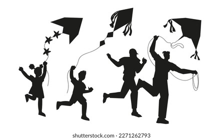 Black silhouettes of family flying a kite, vector illustration isolated on white background. Family vacation and weekend. Silhouettes of parents and children with kites.