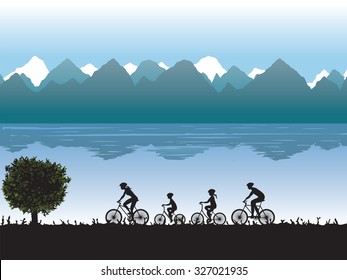 Black Silhouettes Of Family On Bicycles Against The Background Of Mountains And Lake. Illustration, Elements For Design.