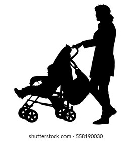Black silhouettes Family with pram on white background. Vector illustration