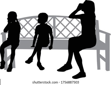 Black silhouettes of a family sitting on a bench.