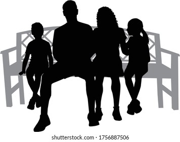 Black silhouettes of a family sitting on a bench.