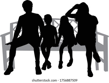 Black silhouettes of a family sitting on a bench.