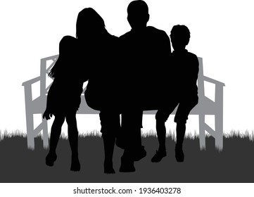 Black silhouettes of a family sitting on a bench.