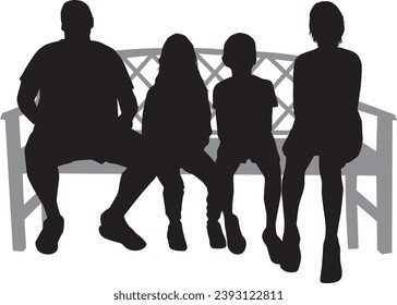 Black silhouettes of a family sitting on a bench.	