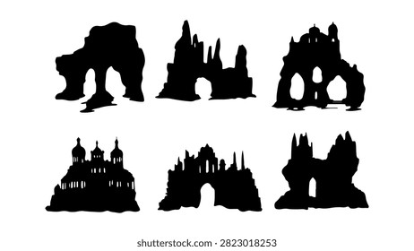 Black silhouettes of famous architectural landmarks and structures, showcasing diverse styles and historical significance.