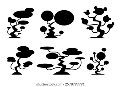 Black silhouettes of fantasy trees. Abstract cartoon trees with strange shapes. Creative silhouettes for decoration and design. Vector illustration isolated on white background.