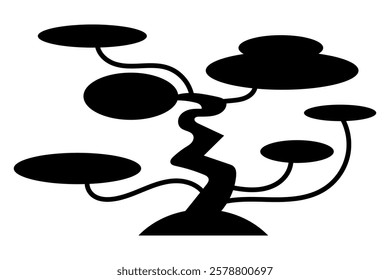 Black silhouettes of fantasy trees. Abstract cartoon trees with strange shapes. Creative silhouettes for decoration and design. Vector illustration isolated on white background.