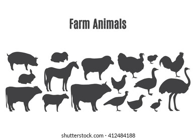 Black silhouettes of farm animals. Butchery Design Elements. Isolated on a white background.