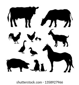 Black silhouettes of farm animals. Icons set of domestic cattle. Isolated image of rural livestock and poultry. Cow, horse, pig and goat. Vector illustration