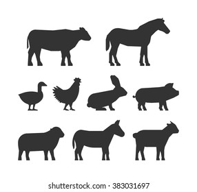 Black silhouettes farm animals isolated on white background. Cow, pig, rabbit, donkey, horse, goat, sheep, goose and chicken.