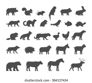 Black silhouettes farm and wild animals on white background. Vector figure pets. Icon cow, bear, beaver, sheep, chicken and deer.