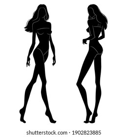 The black silhouettes of fashion models walking on the podium. Beautiful slim women isolated on a white background, vector illustration.