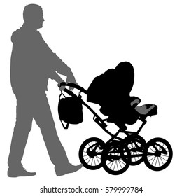 Black silhouettes father with pram on white background. Vector illustration