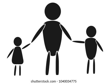 black silhouettes father, son, daughter holding hands, family on white background