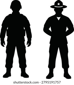 Black silhouettes featuring a soldier in tactical combat gear and a training instructor wearing a campaign hat. This illustration is perfect for patriotic designs, military recruitment, and Veterans Day commemorative graphics.
